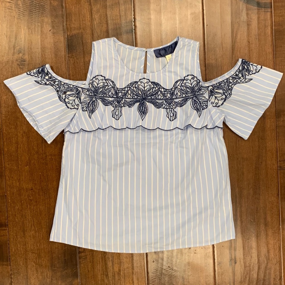Francesca Stripe Baby Blue Cold Shoulder Top